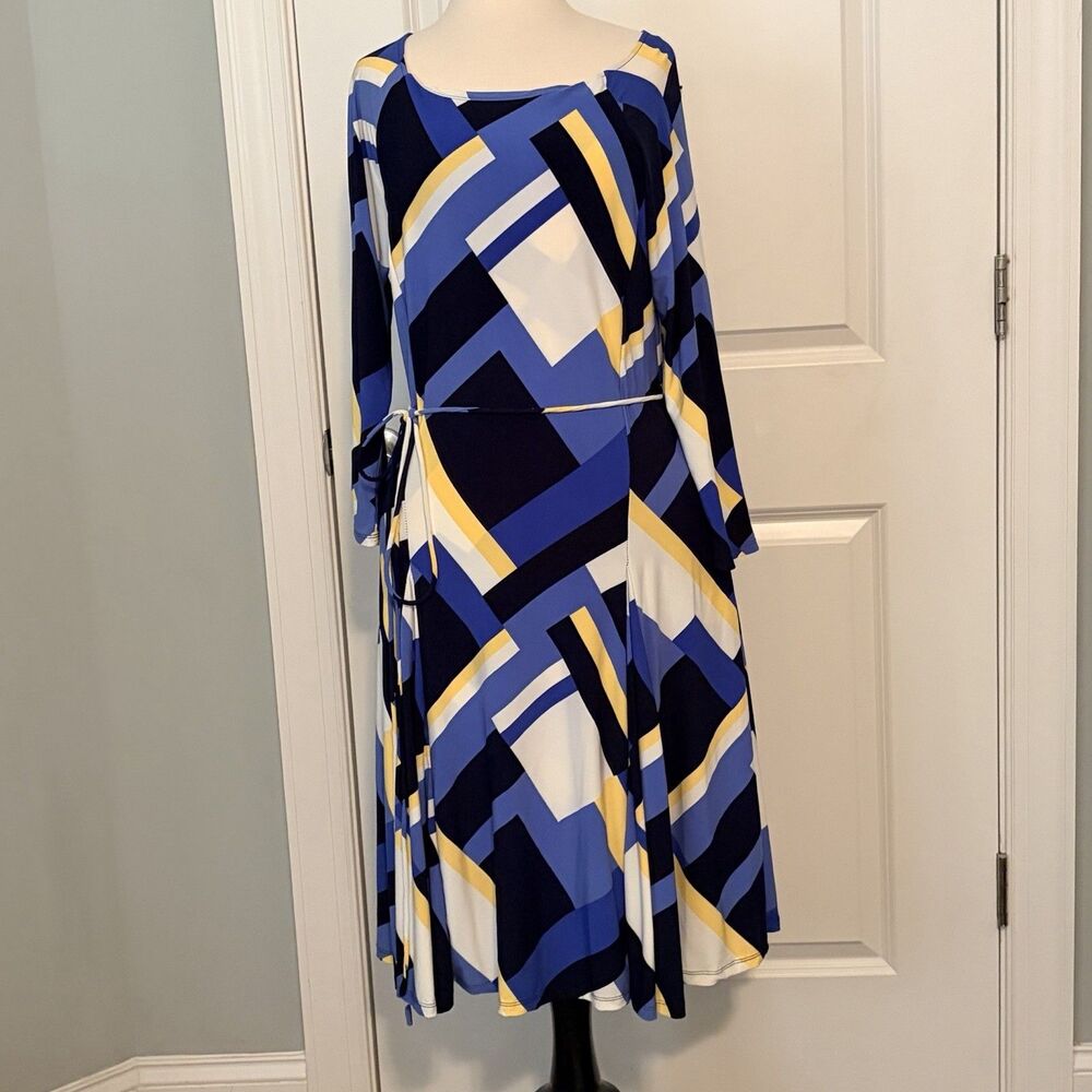 Lauren Ralph Lauren L Swing Dress Blue Yellow Geometric Stretch 3/4 Sleeve NWT